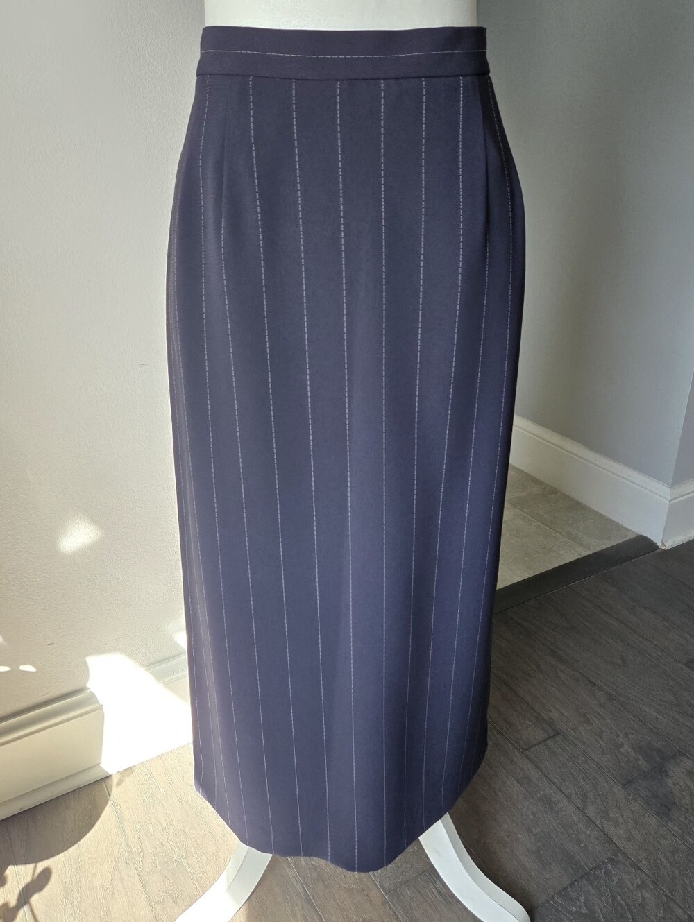 Vintage 1990s Talbots Navy Triacetate Pinstripe Column Maxi Skirt Sz 10